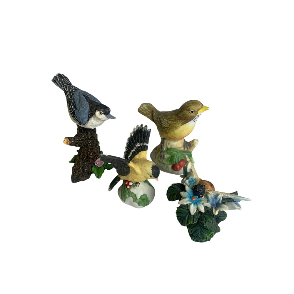 Vintage Bird and Bee Miniature Figurine Set of 4 Resin Nature Decor Collectibles